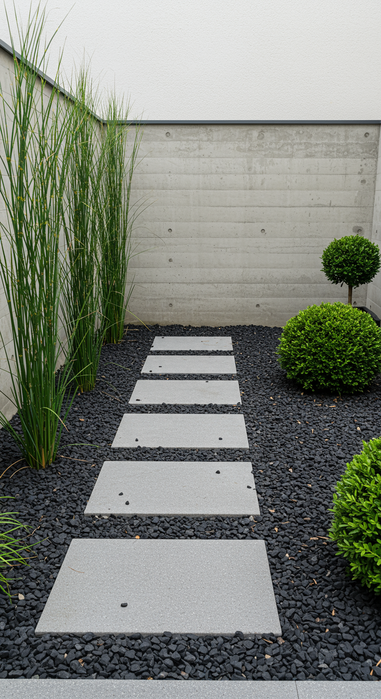 Moderner kleiner Garten mit Betonplatten, schwarzem Kies, Gräsern und Buchskugeln.