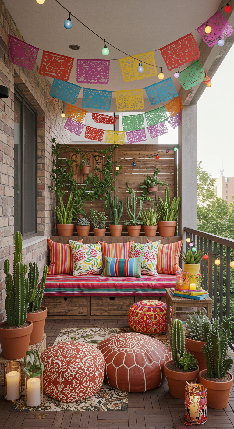 Farbenfroher Balkon im mexikanischen Stil mit Kakteen, Papel Picado und bunten Kissen.