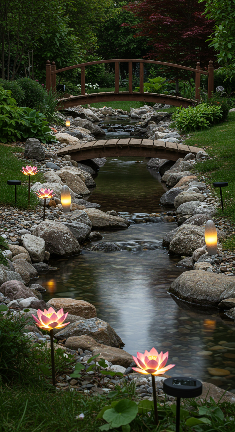 Bachlauf im Garten mit Holzbrücke, Steinen und leuchtenden Lotusblumen-Solarleuchten am Ufer.