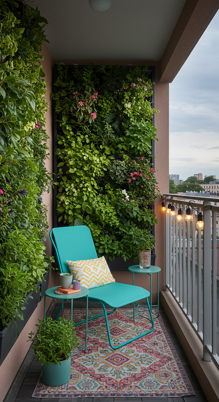Kleiner Balkon mit vertikalem Garten, türkisfarbenem Stuhl und buntem Teppich.