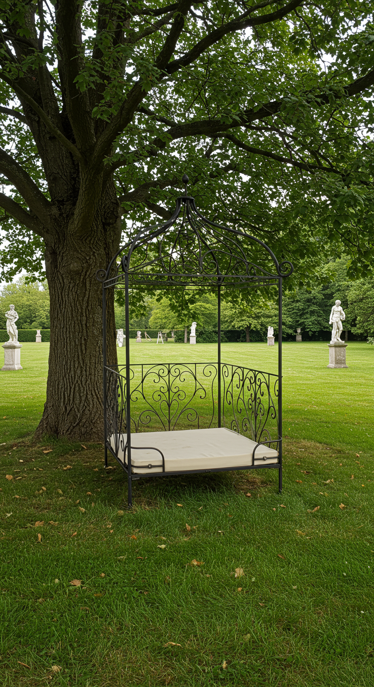 Kunstvolles Eisenpavillon-Bett mit hellem Polster unter einem großen Baum in einem Park.