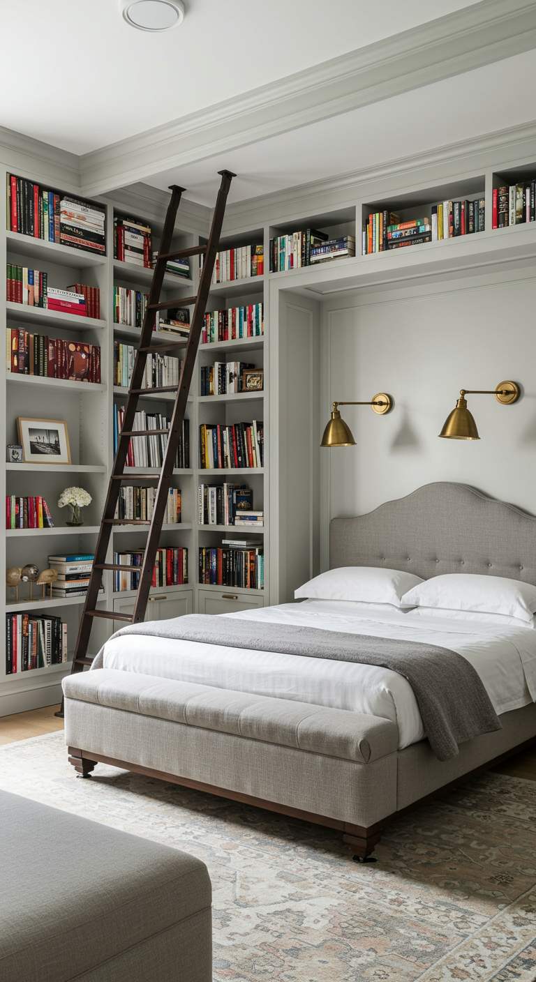 Schlafzimmer mit raumhohem grauen Bücherregal, Leiter und gepolstertem Bett.