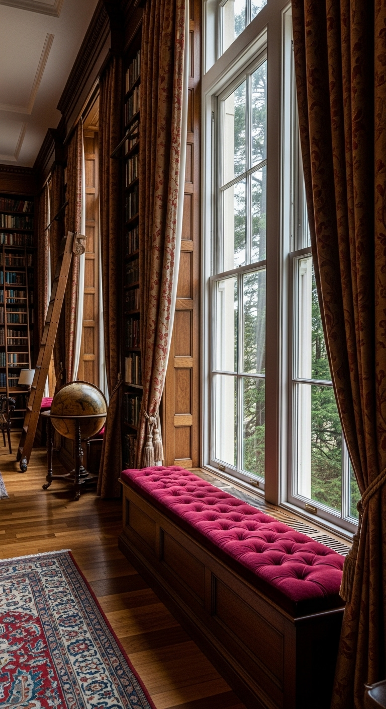 Lange, rote Samt-Fensterbank in einer großen Bibliothek mit hohen Fenstern.
