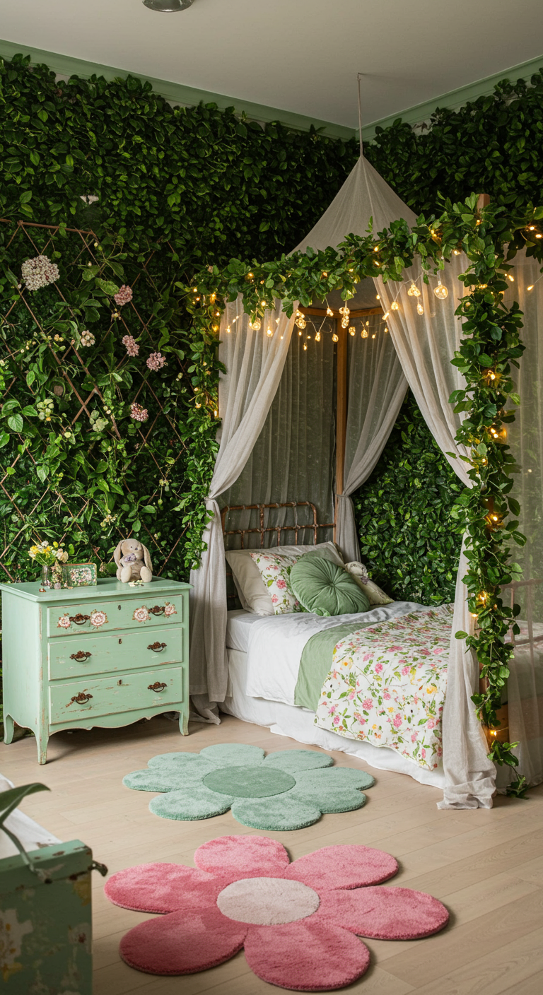 Mädchenzimmer mit Himmelbett, Efeuwand, Lichterketten und Blütenteppich.