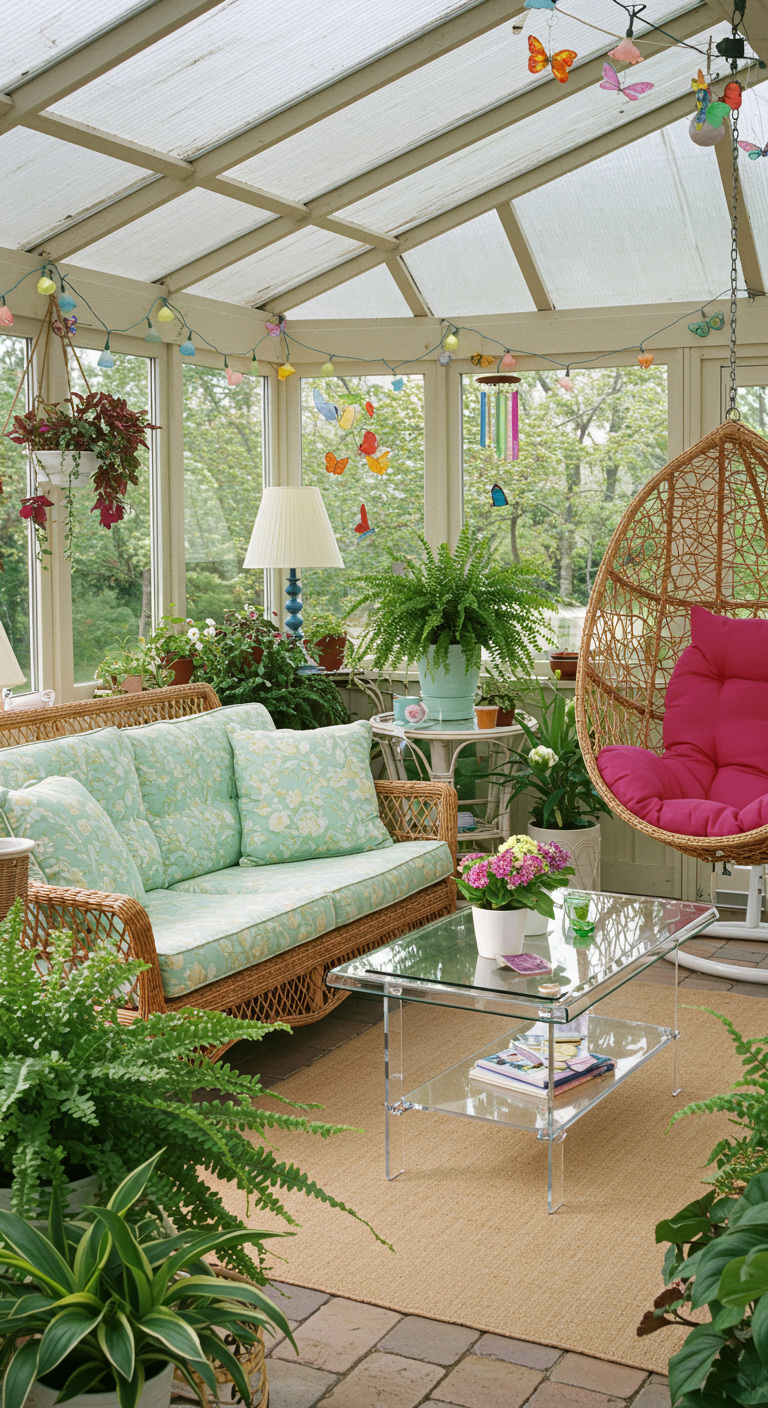 Heller Wintergarten mit Rattanmöbeln, vielen Pflanzen und einem Hängesessel.