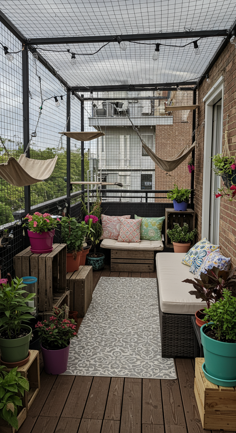 DIY-Catio mit Holzkisten, Hängematten, vielen Blumen und Lichterketten