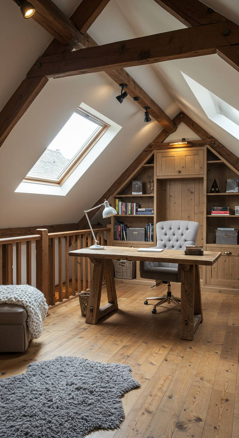 Rustikales Home-Office im Dachgeschoss mit Holzbalken und Dachfenster.