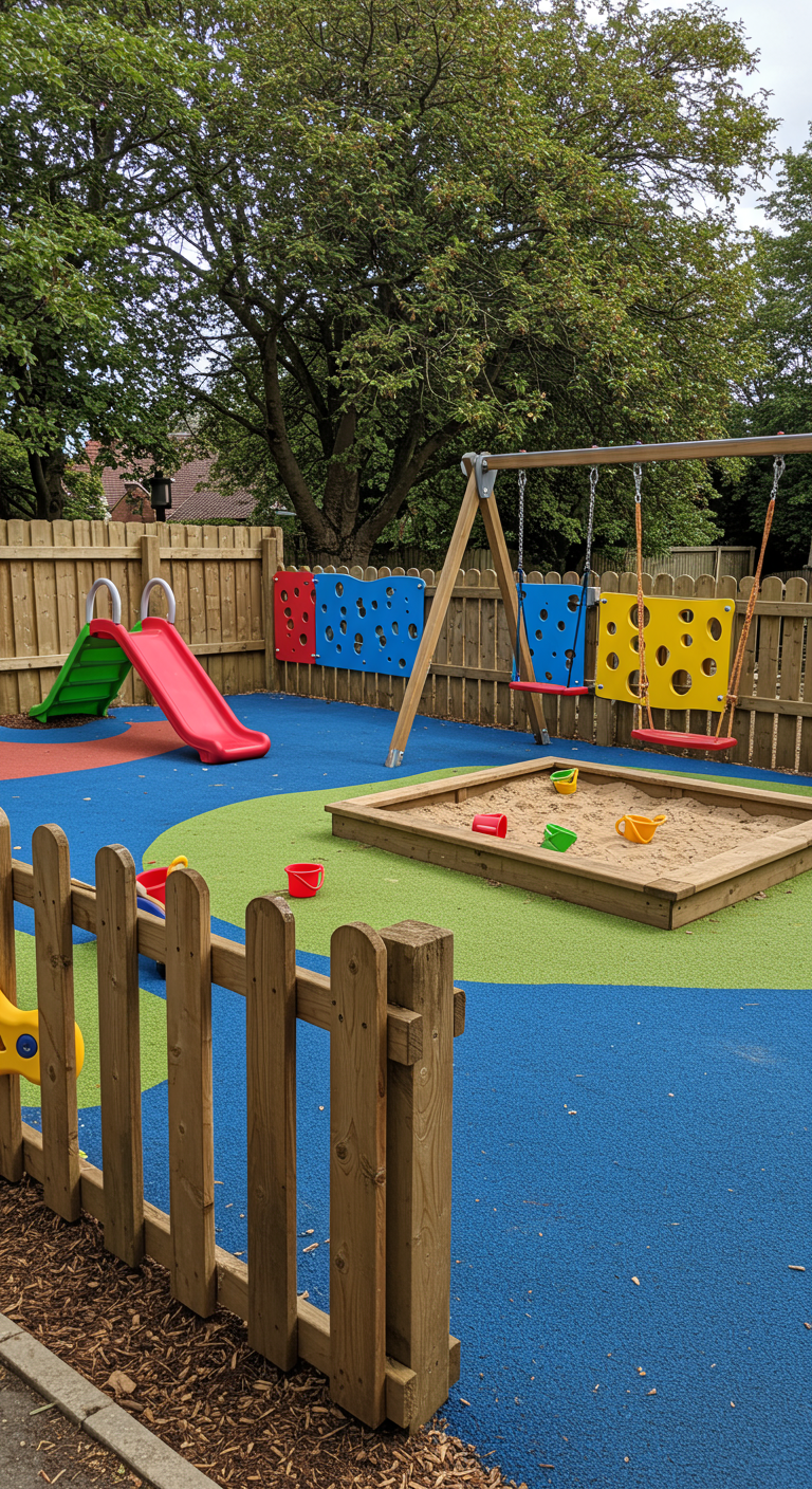 Eingezäunter Kleinkind-Spielbereich mit Sandkasten, Rutsche, Schaukeln und bunten Elementen.