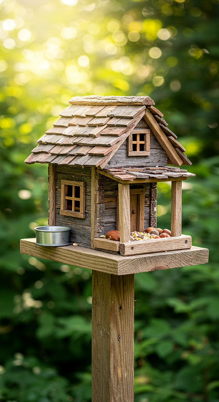 Klassisches, hölzernes Vogelhaus auf einem Pfahl, gefüllt mit Vogelfutter, im Garten.