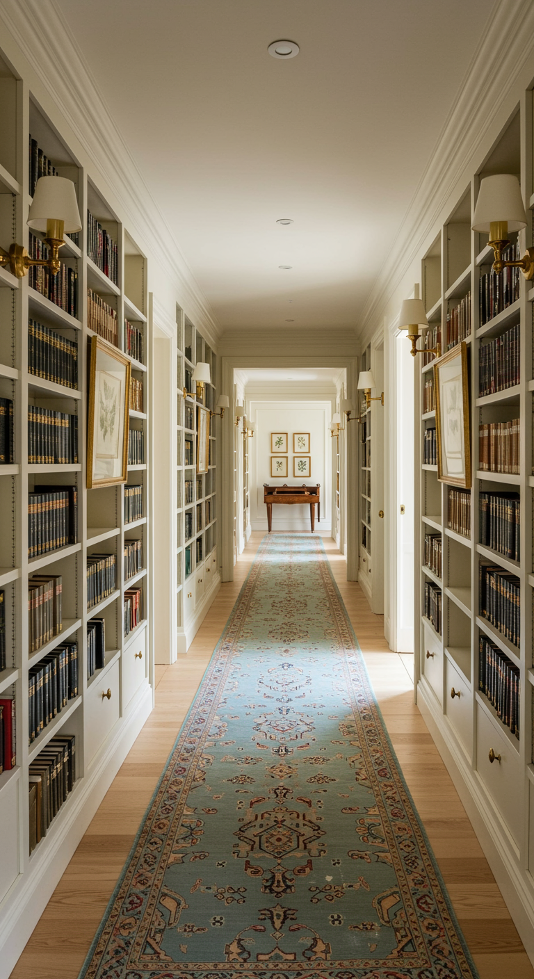 Langer Flur mit weißen, deckenhohen Bücherregalen an beiden Seiten und gemustertem Läufer.