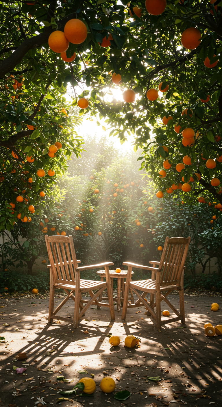 Zwei Holzstühle und Tisch unter Orangenbäumen voller Früchte im Sonnenlicht.