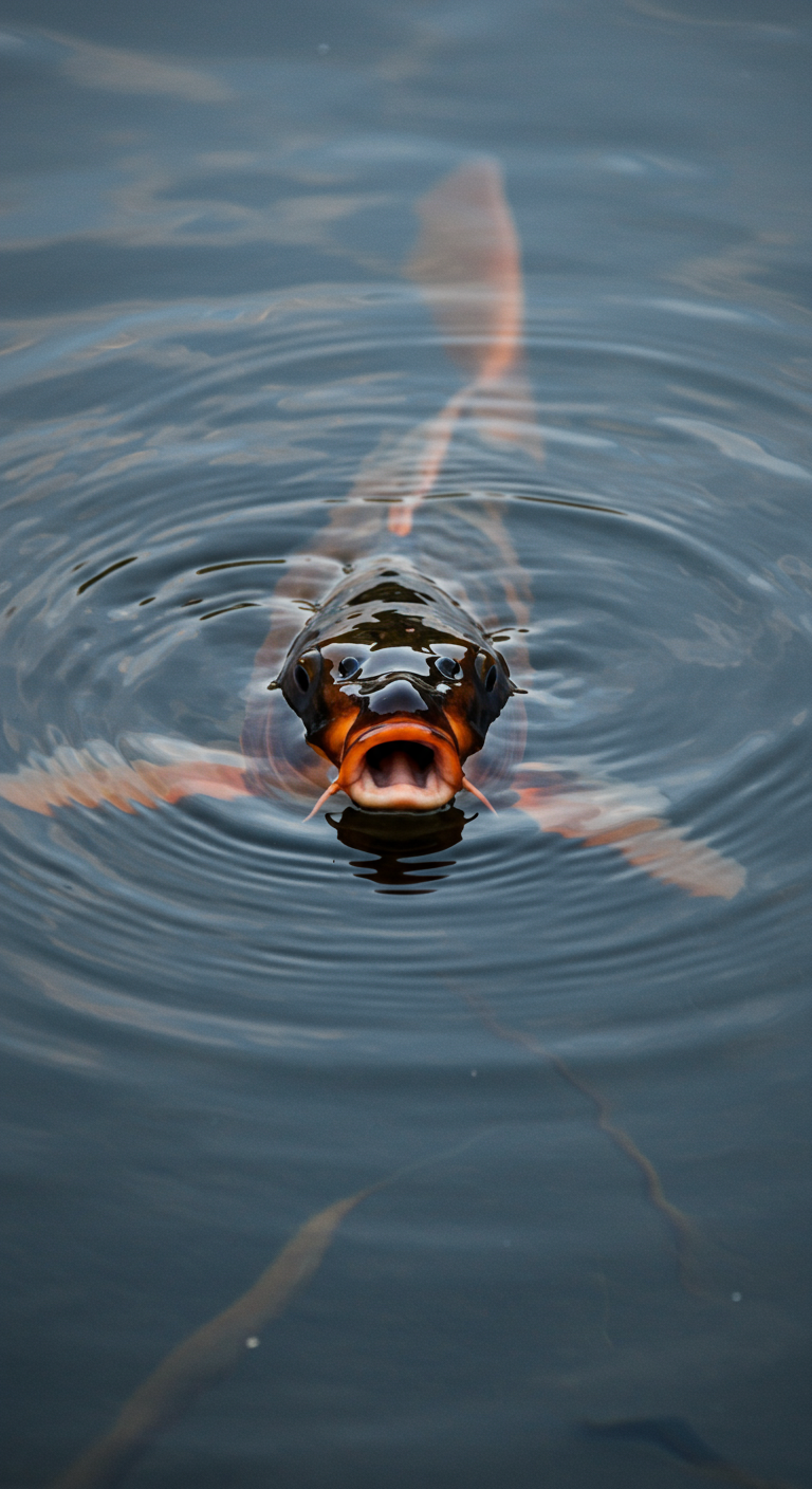 Ein Koi streckt sein Maul aus dem Wasser, um Futter zu bekommen.