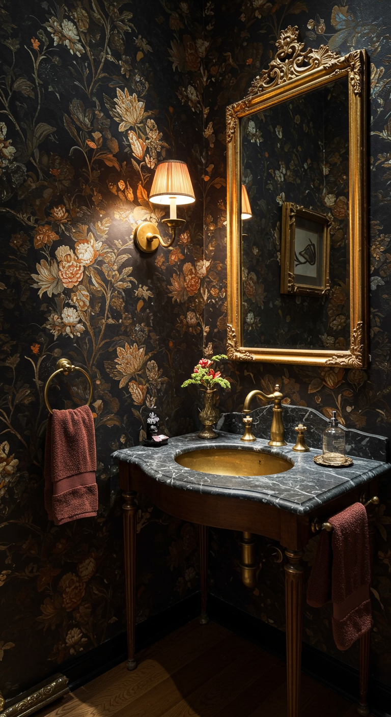 Gäste-WC mit dunkler Blumentapete, Goldspiegel und Marmorwaschtisch.