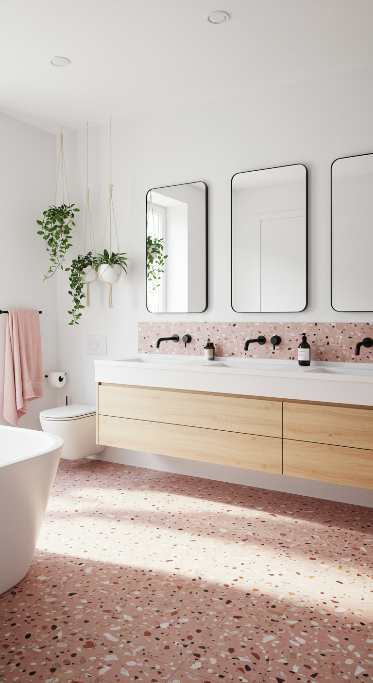 Modernes Bad mit rosa Terrazzoboden, Holzwaschtisch und Hängepflanzen.