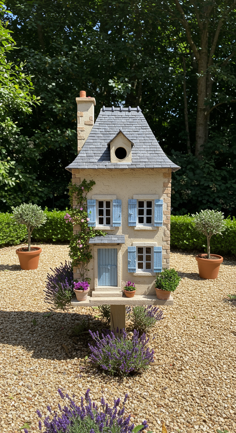 Vogelhaus im französischen Landhausstil mit hellblauen Fensterläden und Kletterpflanzen.