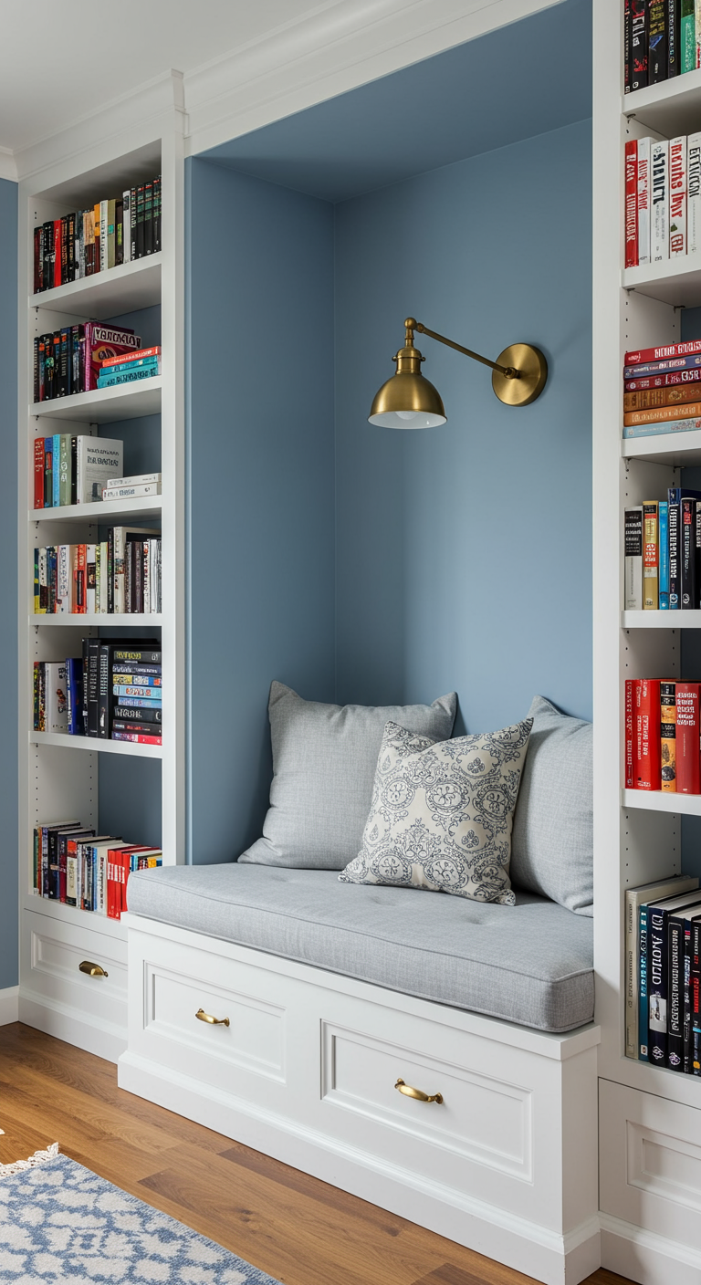 Eingebaute Leseecke mit blauer Rückwand, grauer Sitzbank und weißen Bücherregalen.