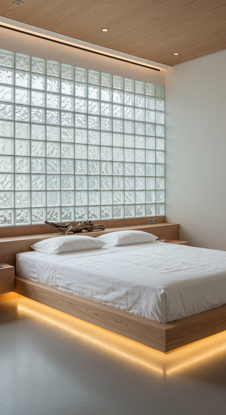 Modernes Japandi-Schlafzimmer mit Glasbausteinwand und indirekter Bettbeleuchtung.