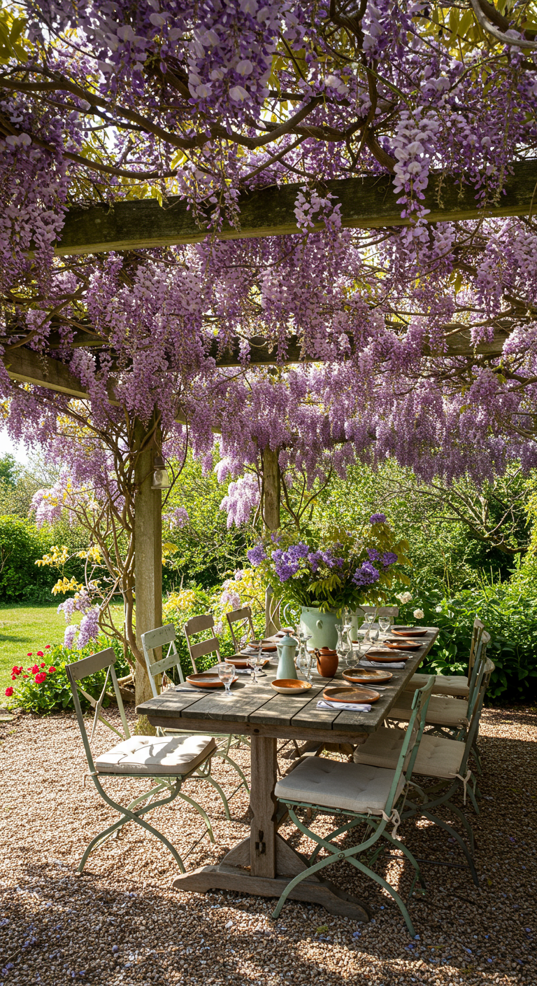 Lange Holztafel mit Stühlen unter einer mit lila Glyzinien bewachsenen Pergola.