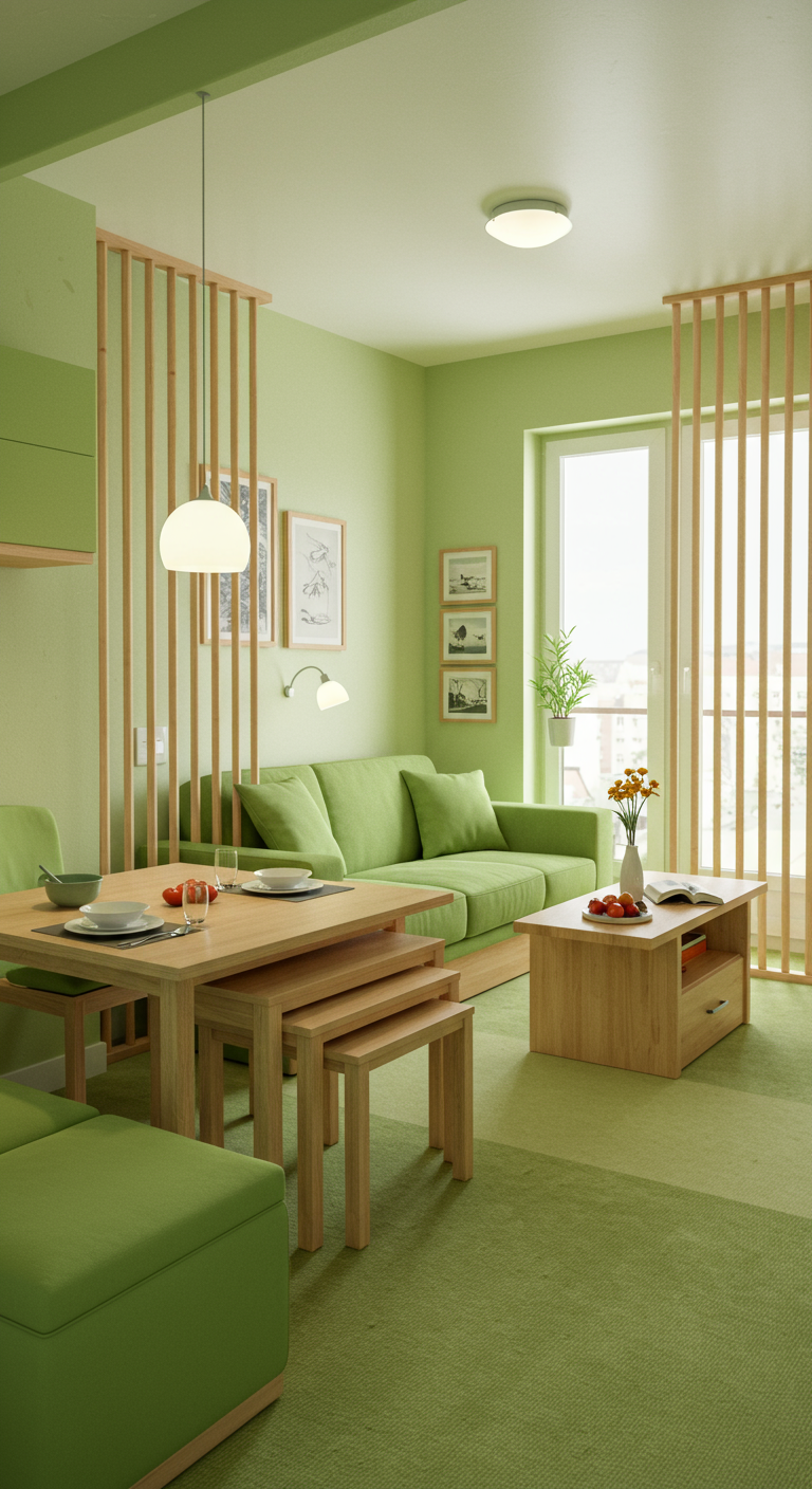 Wohnzimmer komplett in verschiedenen Grüntönen mit hellen Holzmöbeln.