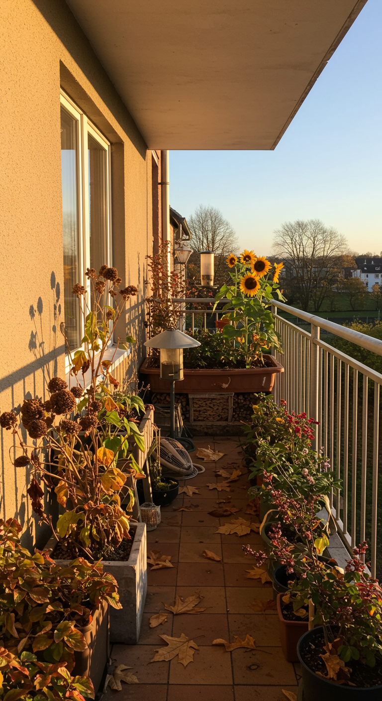 Herbstlicher Balkon mit welken Pflanzen, Sonnenblumen, Laub und Vogelhäuschen.