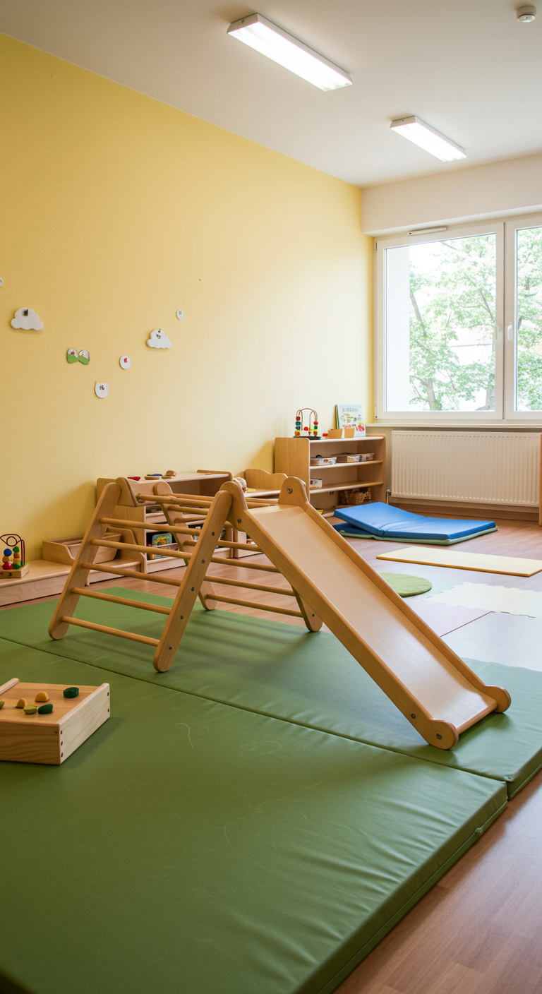 Spielzimmer mit Klettergerüst, Rutsche und gelben Wänden.