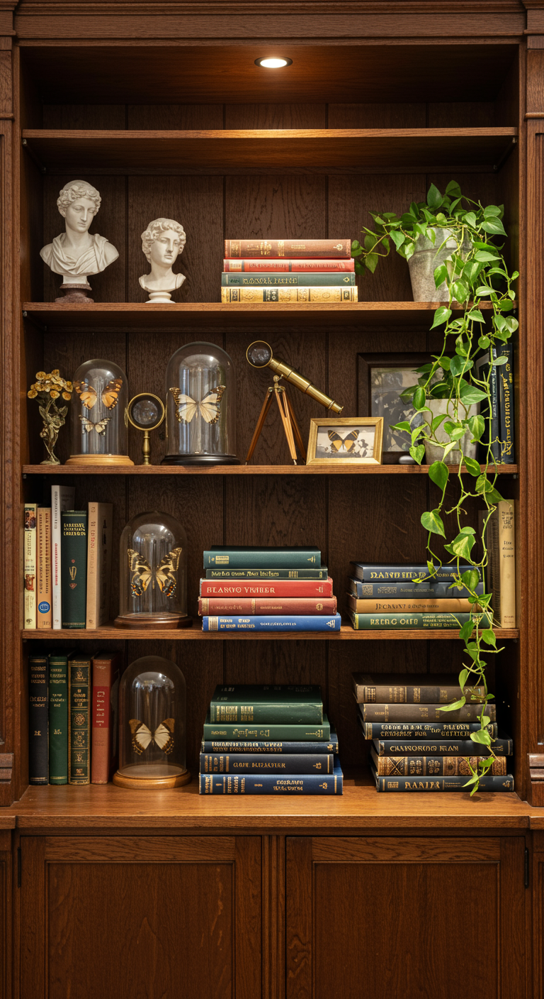 Dunkles Holzregal im Light Academia Stil, dekoriert mit Büchern, Büsten und Schmetterlingen.