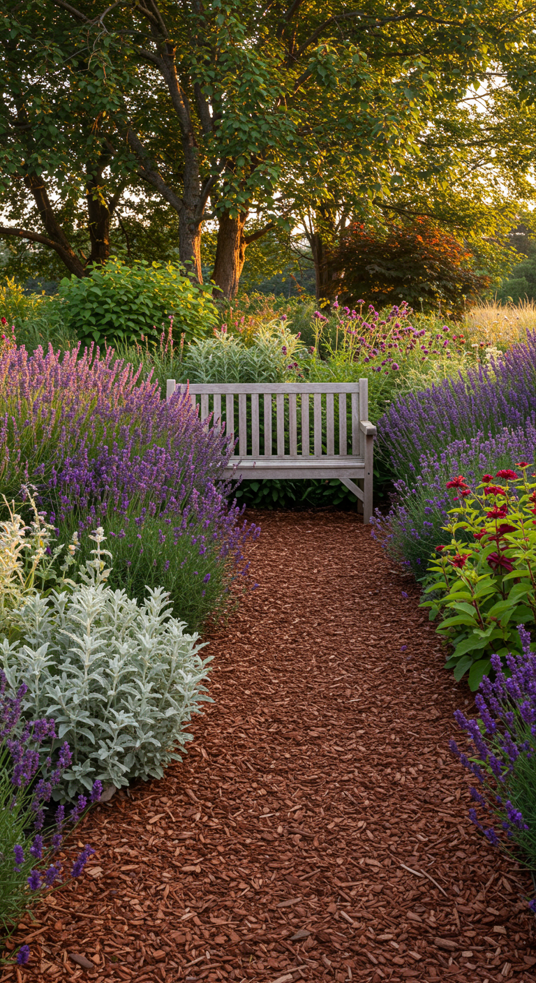 Gartenweg aus Kies, gesäumt von blühendem Lavendel und einer Holzbank