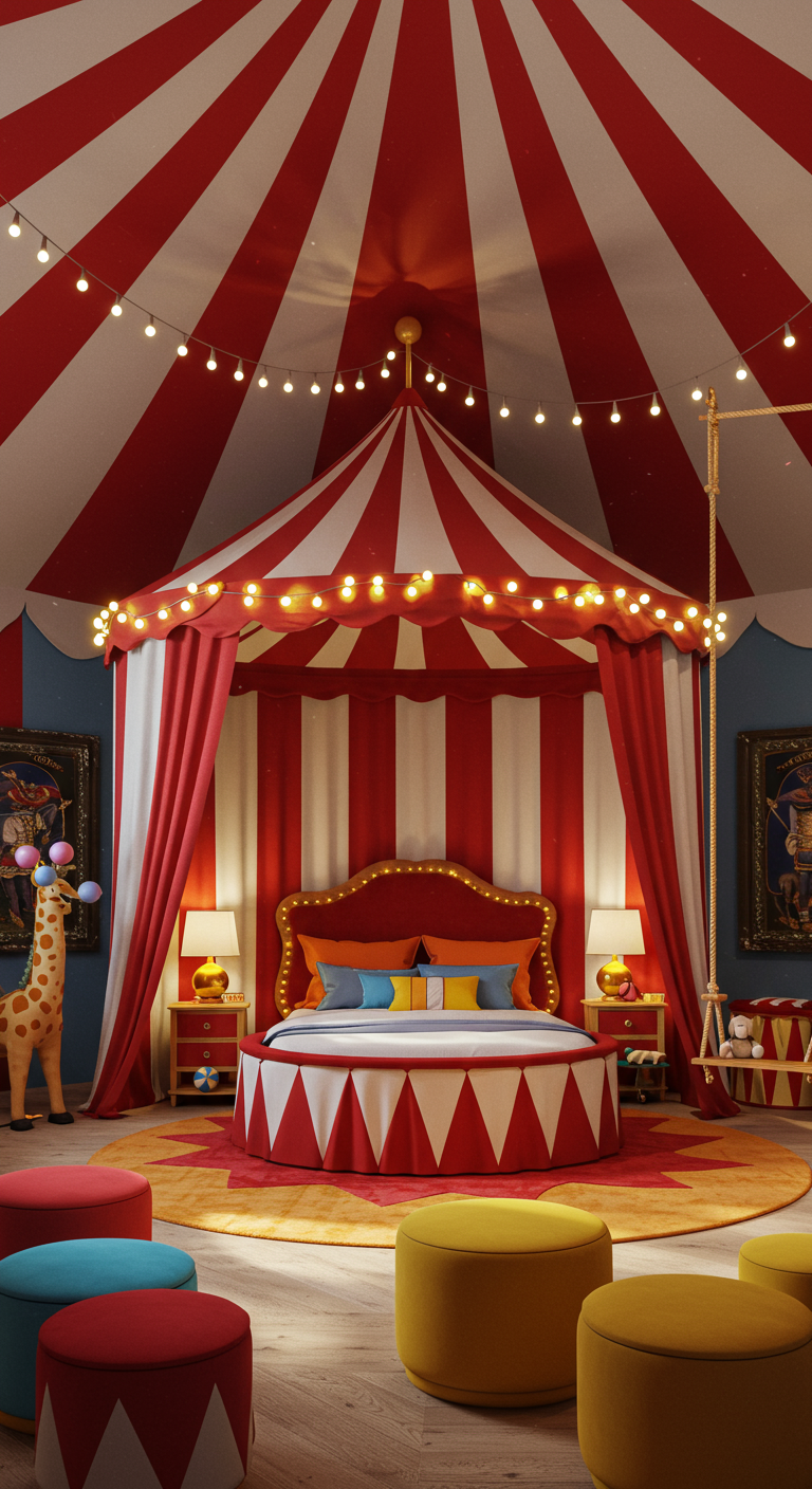 Zirkus-Kinderzimmer mit rundem Bett unter rot-weißem Zelt und bunten Hockern.