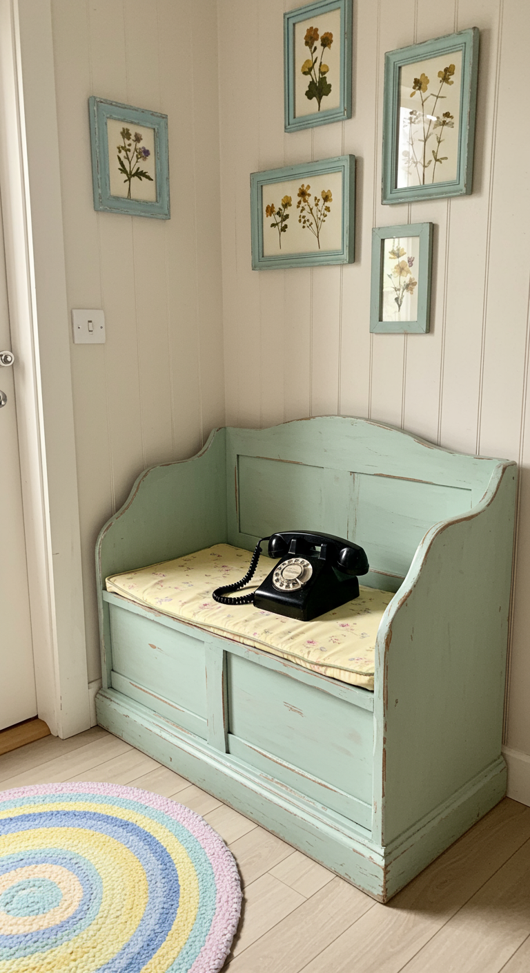 Ecke mit mintgrüner Vintage-Truhenbank, Retro-Telefon und gepressten Blumen.