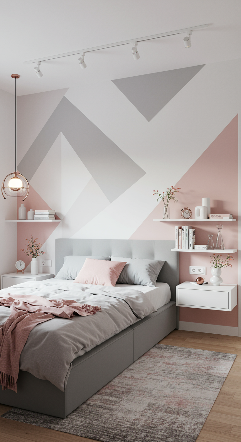Modernes Schlafzimmer mit geometrischer Wandgestaltung in Rosa und Grau.