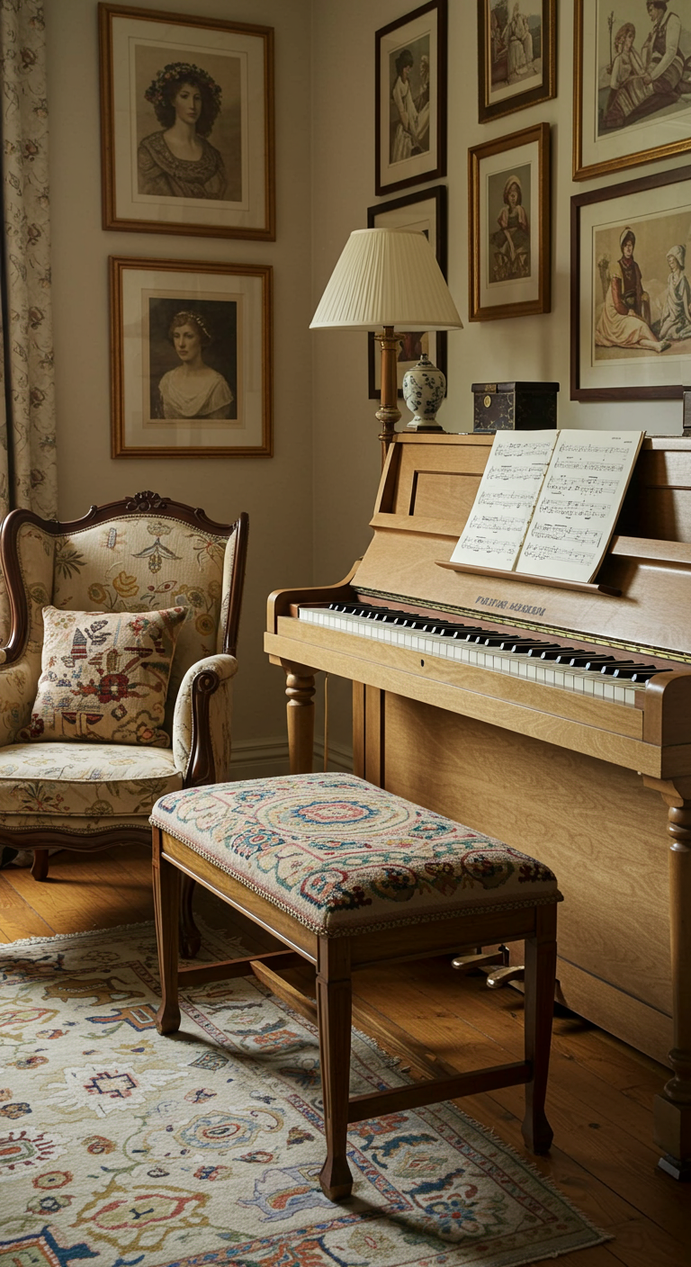Raum mit Klavier, gemustertem Sessel, Teppich und einer Wand voller Portraits.