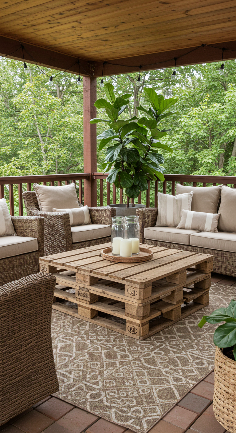 Überdachte Terrasse mit Rattanmöbeln und Couchtisch aus Holzpaletten, große Pflanze.