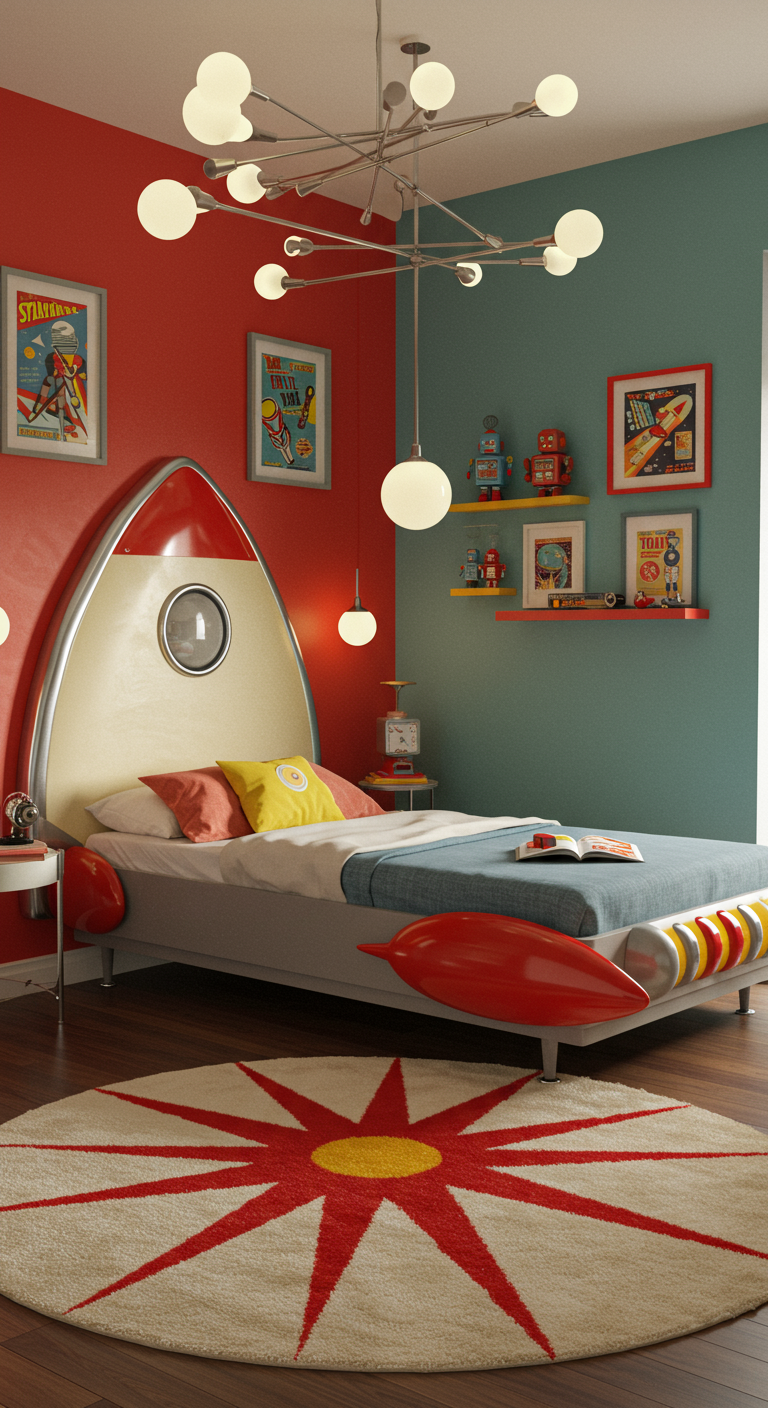 Kinderbett im Design einer Retro-Rakete mit bunten Farben und Vintage-Postern.