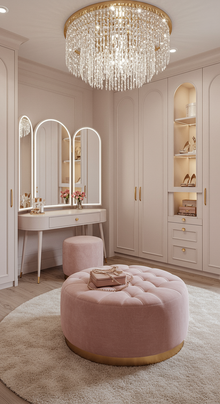 Luxuriöses Ankleidezimmer in Rosa mit rundem Samt-Pouf und Kristallleuchter.