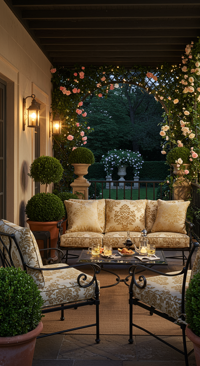 Romantische Terrasse mit schmiedeeisernen Möbeln, Rosen und Lichterketten.