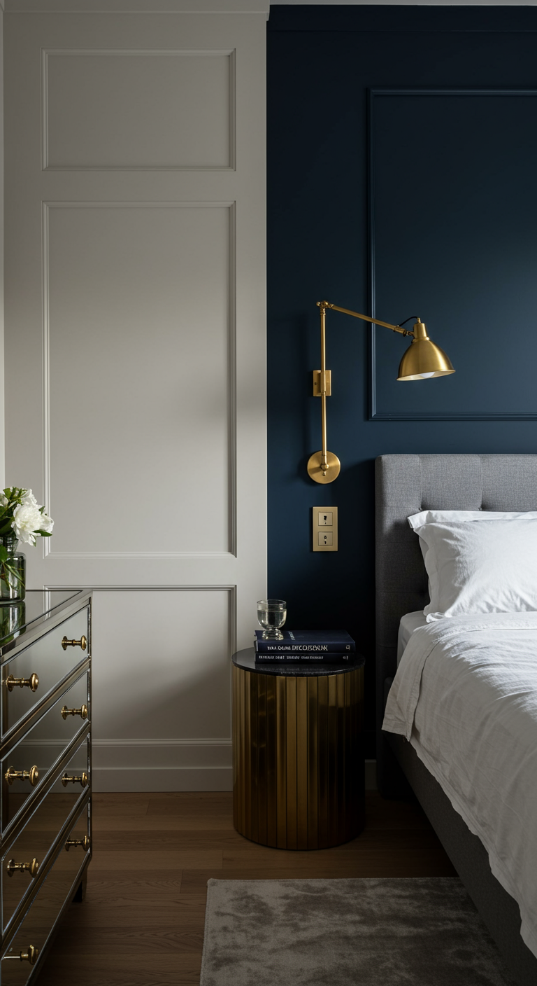 Elegantes Schlafzimmer mit dunkelblauer Akzentwand und goldenen Details.
