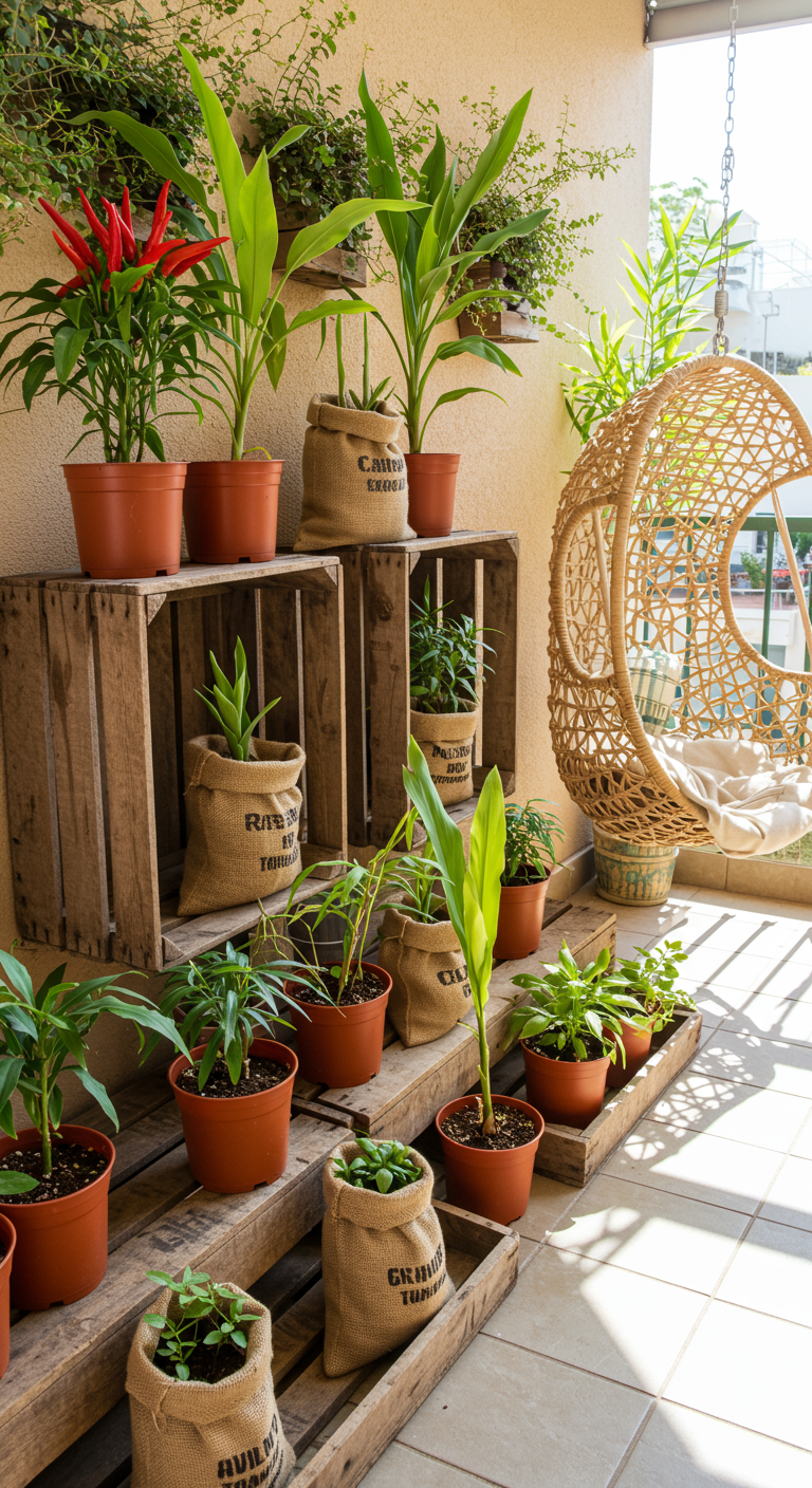 Balkon mit gestapelten Holzkisten als Pflanzenregal, Jutesäcken und Hängesessel.
