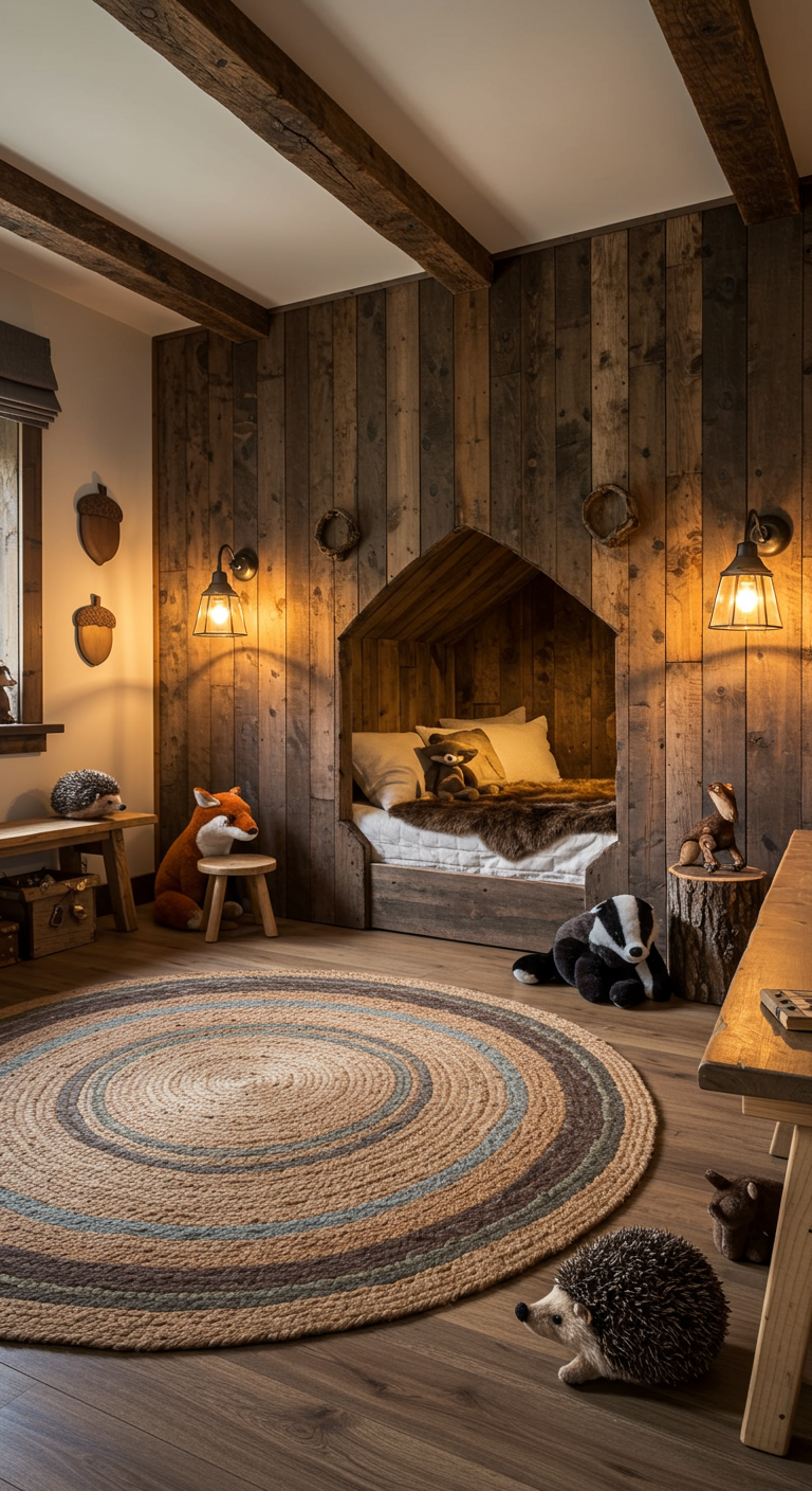 Gemütliches Kinderzimmer mit Holznische als Bett und Waldtier-Deko.