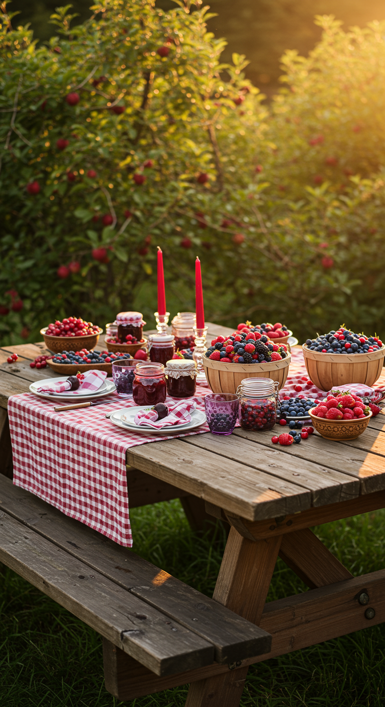 Rustikaler Holztisch mit rot-weiß karierter Decke und vielen frischen Beeren.