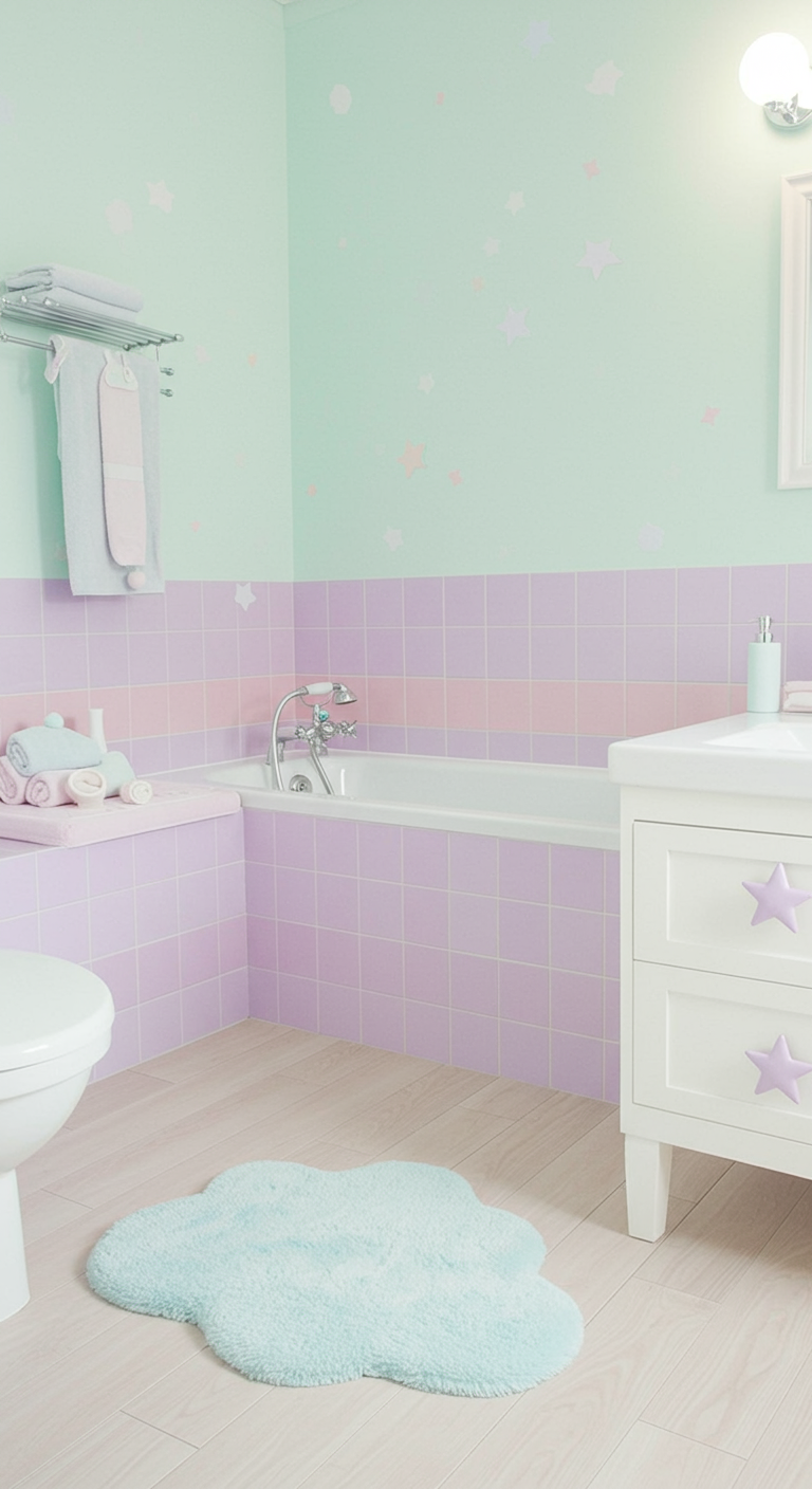 Kinderbad in Pastellfarben Mint und Lavendel mit Stern-Details.