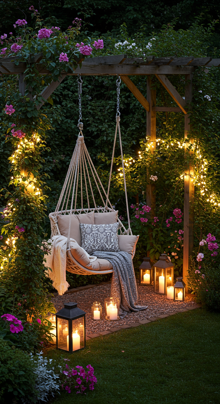 Hängesessel unter einer mit Lichterketten und Rosen geschmückten Pergola, umgeben von Laternen.
