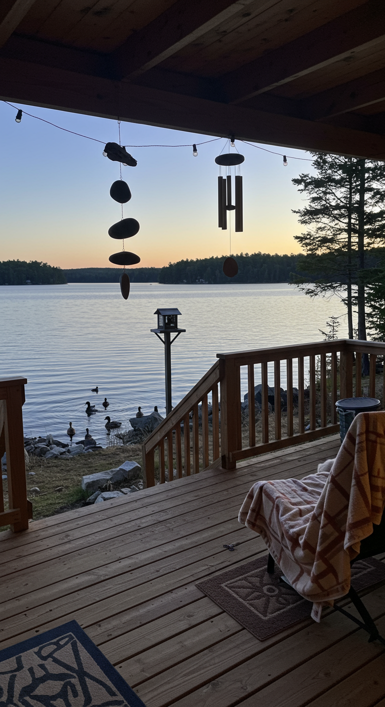 Holzterrasse am See mit Windspiel aus Naturmaterialien und Vogelkasten.