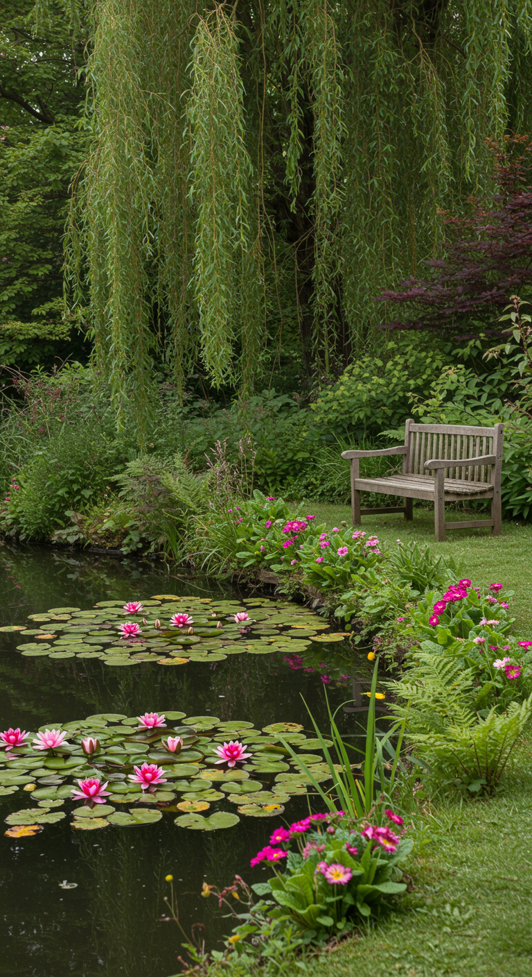 Gartenteich mit pinken Seerosen, Holzbank am Ufer unter einer Trauerweide.