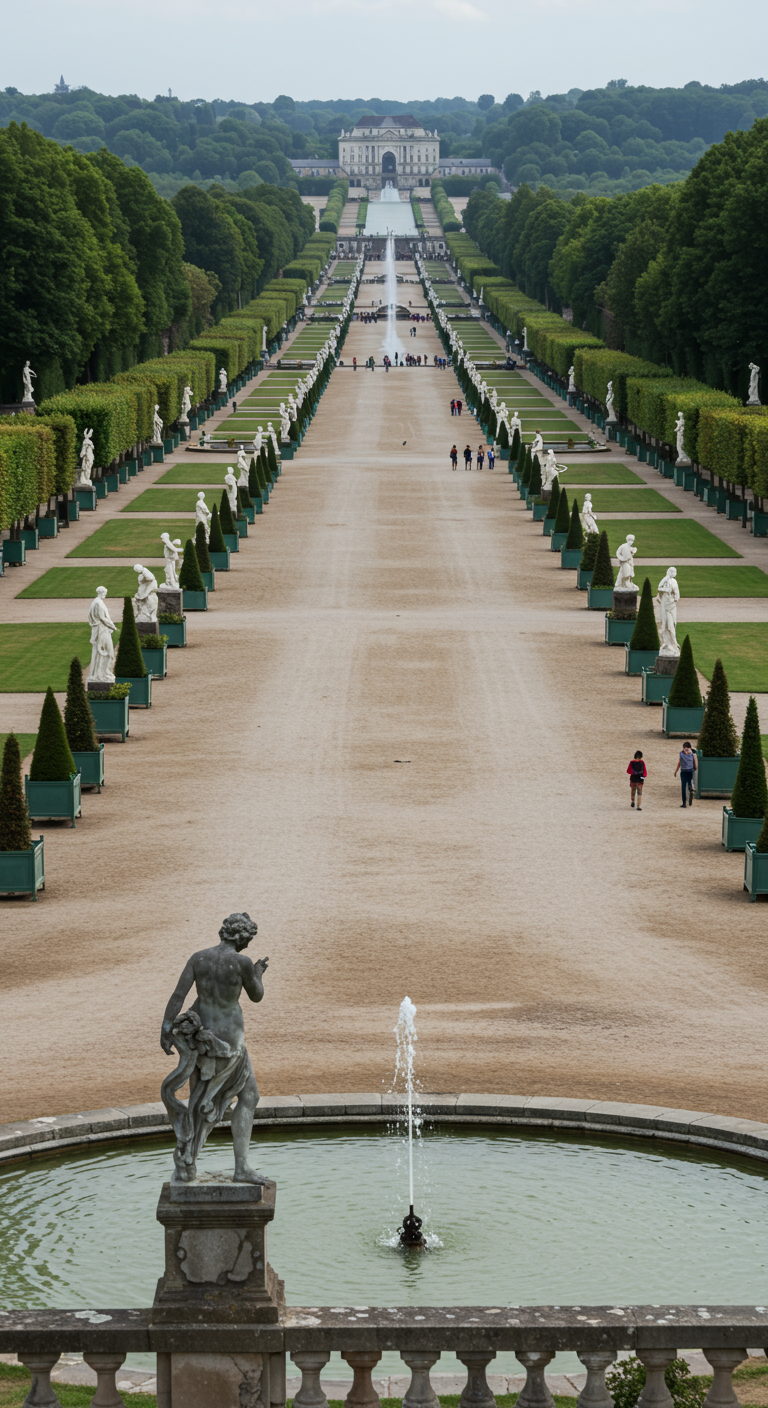 Lange, breite Sichtachse mit Kiesweg, flankiert von Statuen und Formschnitt, führt auf ein Schloss zu