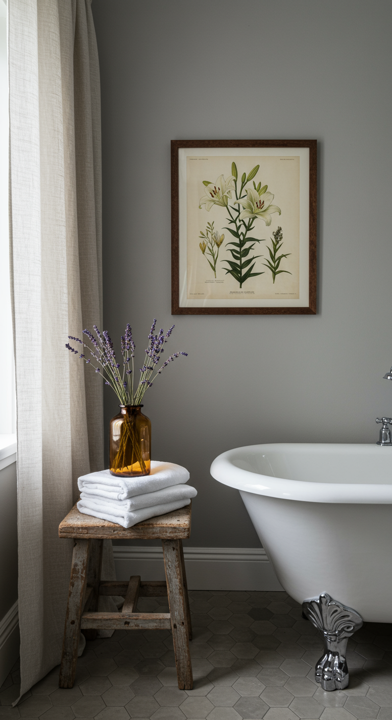 Badezimmer mit freistehender Wanne, Holzhocker mit Lavendel in Vase und botanischem Druck.