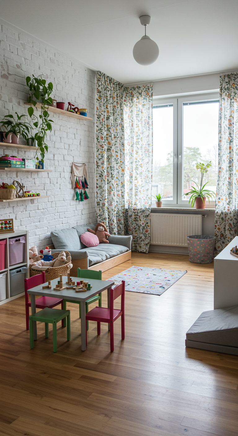 Helles Kinderzimmer mit weißer Backsteinwand, bunten Möbeln und Spielzeug.