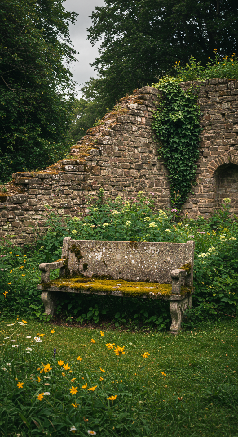 Alte, bemooste Steinbank vor einer verfallenen Burgmauer mit Wildblumen.