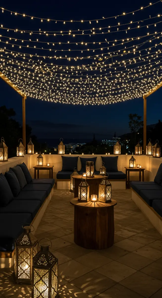 Terrasse bei Nacht mit Lounge-Sofas, vielen Lichterketten und orientalischen Laternen.