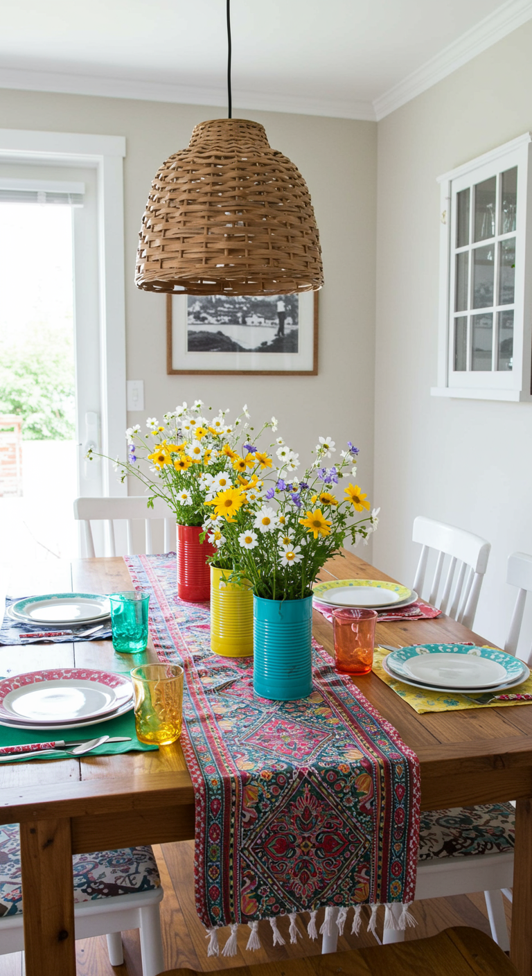 Sommerlich gedeckter Tisch mit bunten Dosen als Blumenvasen.