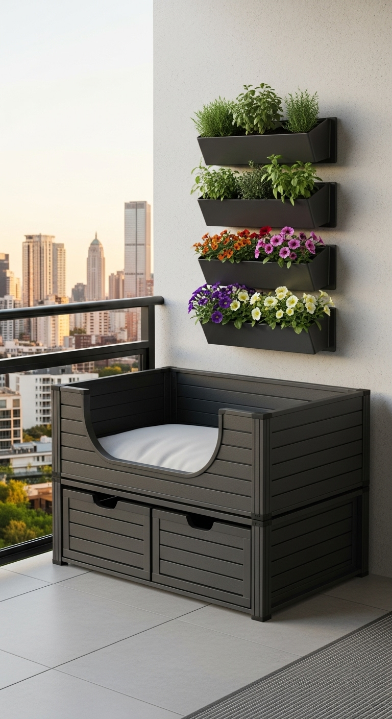 Dunkles Hundebett mit Schubladen auf Stadtbalkon, darüber Wandpflanzkästen mit Blumen.